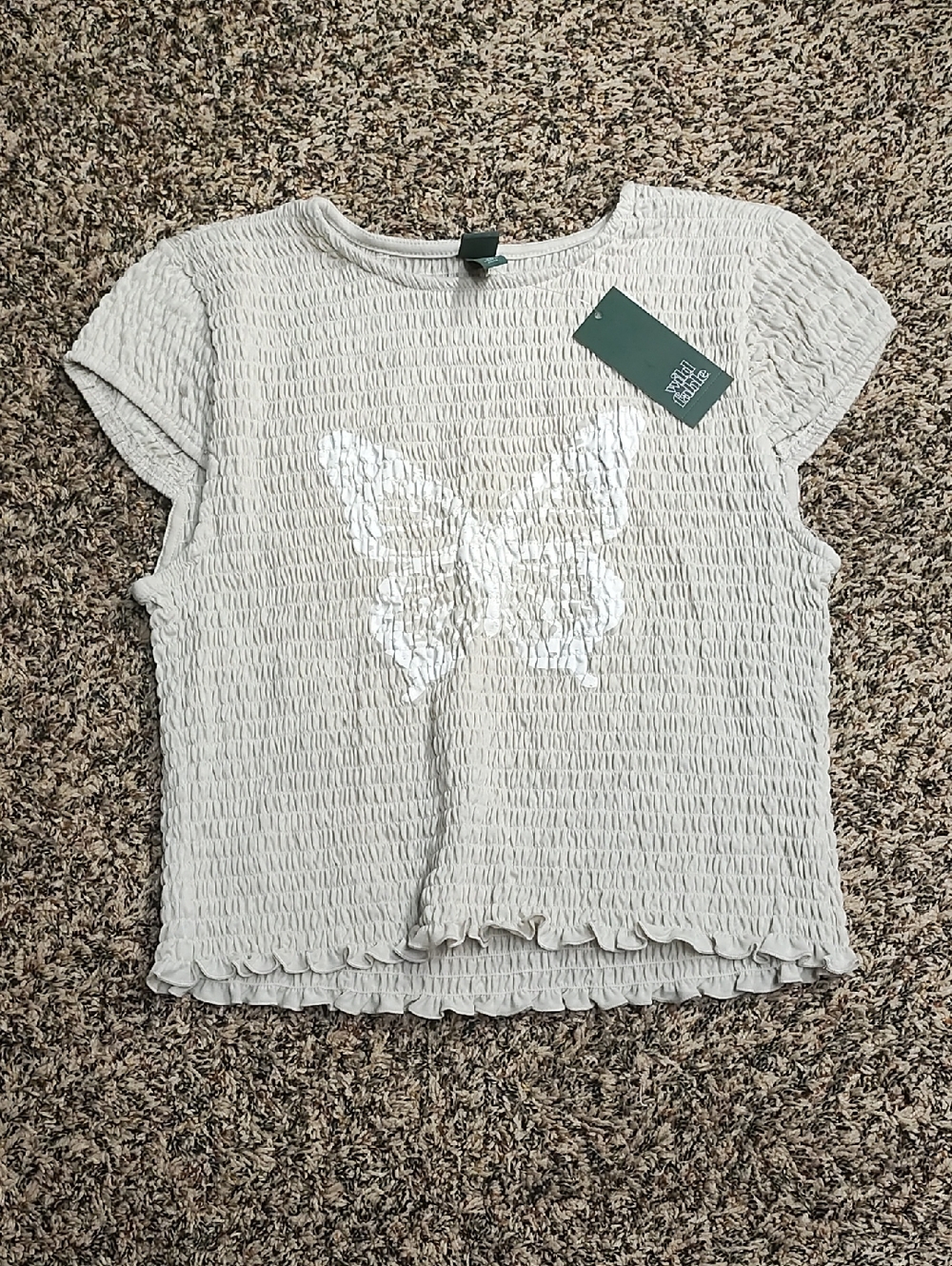Wild Fable | Smocked Short Sleeve Top with Butterfly Print - White / Tan